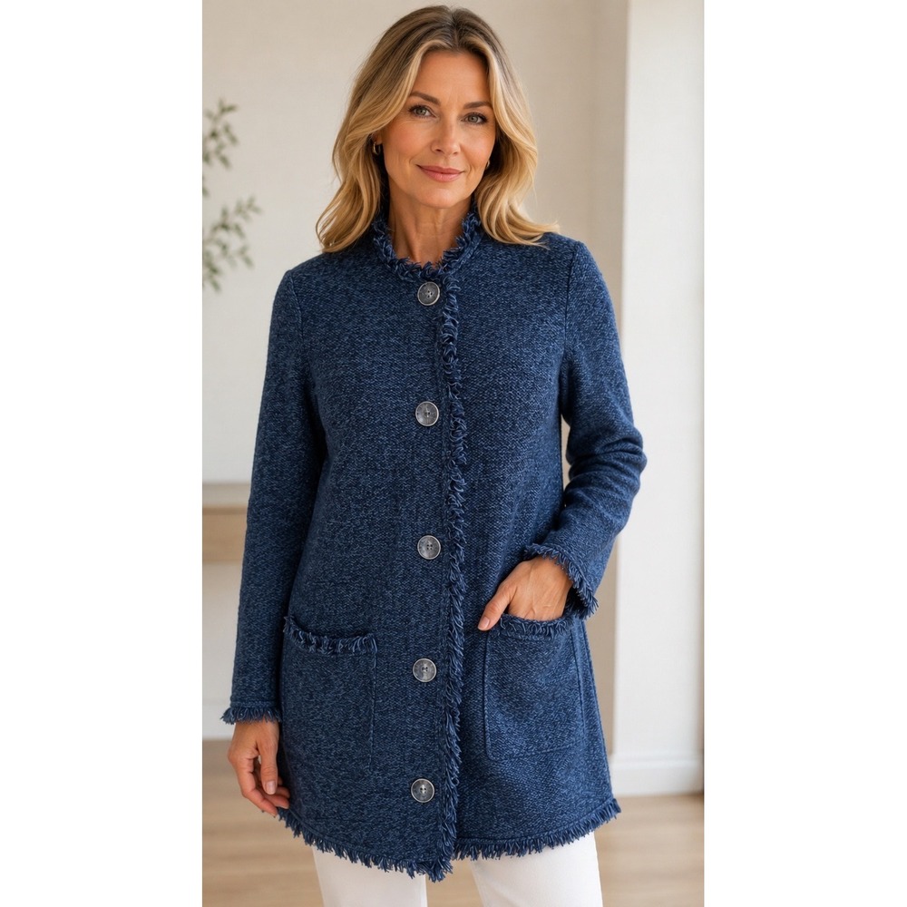 J. McLaughlin Navy Blue Fringe Trim Knit Longline Cardigan Jacket Womens Large